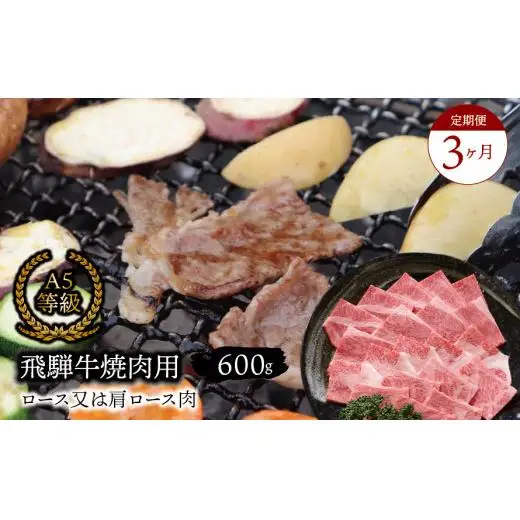 【３ヶ月定期便】 A5等級 飛騨牛 焼肉用 600ｇ ロース又は肩ロース肉