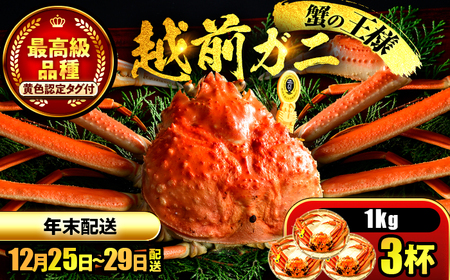 【年末配送】越前がに 1kg×3ハイ ズワイガニ 【先行予約/12月25日より順次発送】【配送不可地域：北海道・沖縄・離島】[BFCS047]