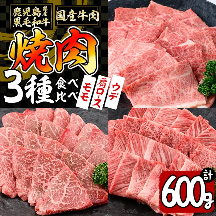 【焼肉3種！食べ比べセット】鹿児島県産黒毛和牛 モモ・肩ロース・ウデの焼肉3種セット＜計600g＞ 牛肉 肉 焼肉 セット 焼肉セット 焼き肉 小分け 食べ比べ 赤身 霜降り やきにく BBQ a6-048