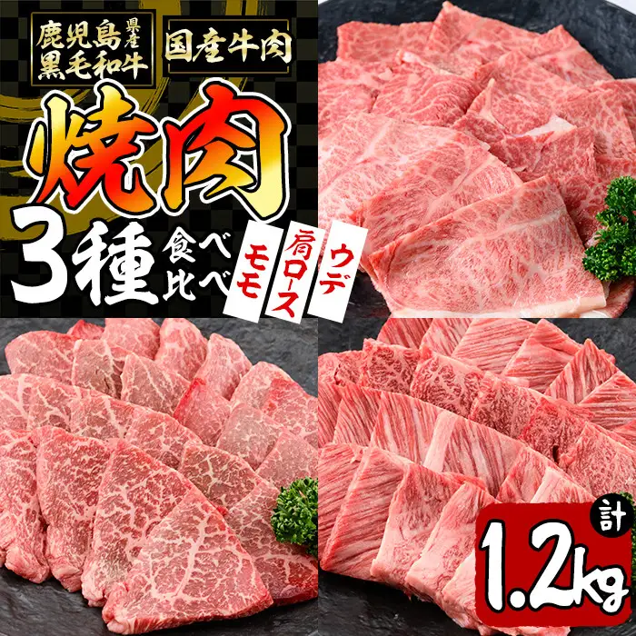 【焼肉3種！食べ比べセット】鹿児島県産黒毛和牛 モモ・肩ロース・ウデの焼肉3種セット＜計1.2kg＞ 牛肉 肉 焼肉 セット 焼肉セット 焼き肉 小分け 食べ比べ 赤身 霜降り やきにく BBQ c0-109