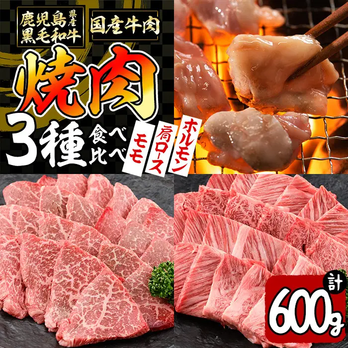【焼肉3種！食べ比べセット】鹿児島県産黒毛和牛 モモ・肩ロース・国産ホルモンの焼肉3種セット＜計600g＞ 牛肉 肉 焼肉 セット 焼肉セット 焼き肉 小分け 食べ比べ 赤身 霜降り ホルモン やきにく BBQ a4-080