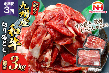 牛肉 訳あり 定期便 日本ハム 九州産和牛 切り落とし 500g 2p 3回 総計 3kg