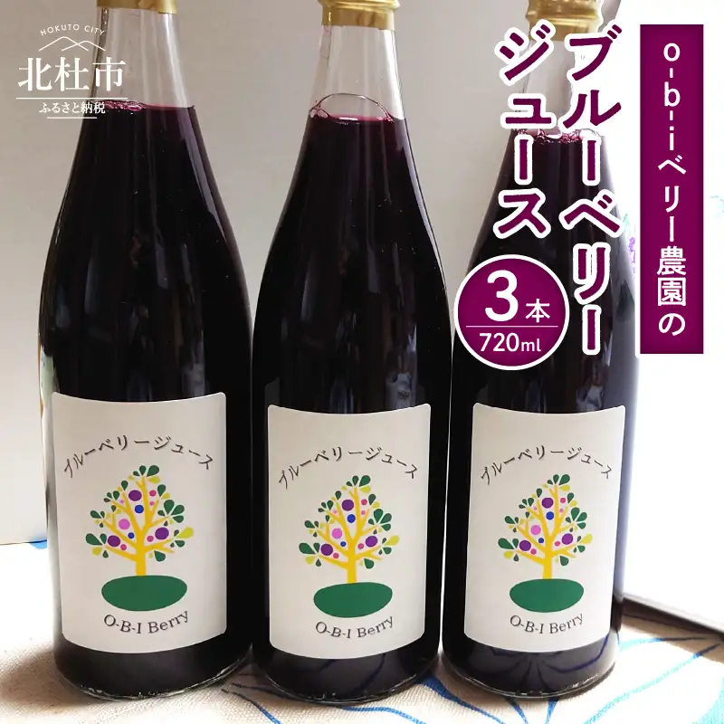 O-B-Iベリー農園のブルーベリージュース　720ml×3本 ブルーベリージュース 果汁飲料 ハイブッシュ ラビットアイ ブレンド 完熟 果物 ジュース 数量限定 ギフト 贈り物 山梨県 北杜市産 [h185]