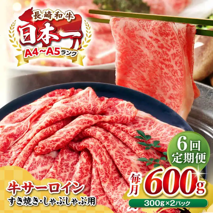 【全6回定期便】【厳選部位】【A4～A5ランク】 長崎和牛 サーロイン スライス 600g（300g×2パック）（すき焼き・しゃぶしゃぶ）《壱岐市》【株式会社MEAT PLUS】肉 牛肉 黒毛和牛 鍋 ご褒美 冷凍配送 [JGH081]