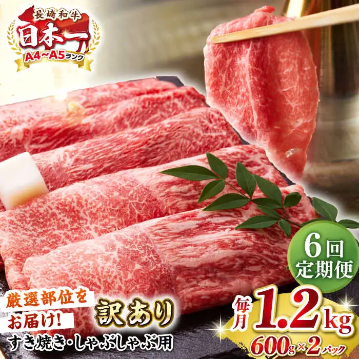 【全6回定期便】【訳あり】【A4～A5ランク】 長崎和牛 赤身 霜降り しゃぶしゃぶ・すき焼き用 1.2kg(600g×2パック)（肩・モモ）《壱岐市》【株式会社MEAT PLUS】 肉 牛肉 訳あり しゃぶしゃぶ用 すき焼用 A5 [JGH101]