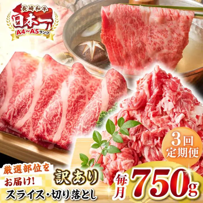 【全3回定期便】【訳あり】【A4～A5ランク】 長崎和牛 しゃぶしゃぶ・すき焼きセット 750g《壱岐市》【株式会社MEAT PLUS】　肉 牛肉 黒毛和牛 鍋 冷凍配送 訳あり 切り落とし しゃぶしゃぶ用 すき焼用 A4 A5 [JGH104]