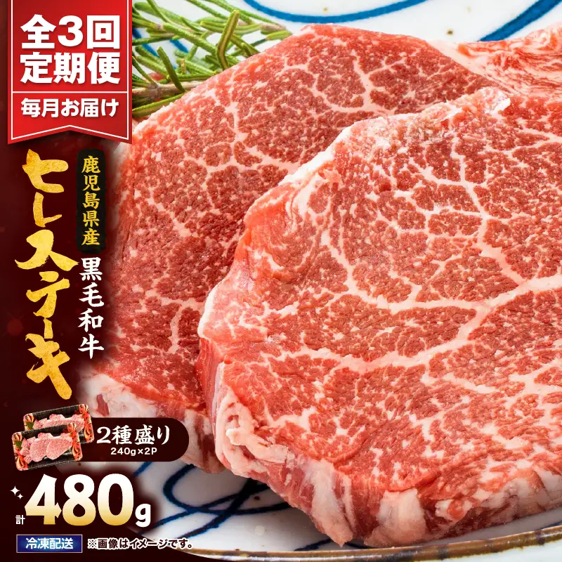 2623 【 全3回 定期便 】4等級 以上 鹿児島県産 黒毛和牛 ヒレステーキ 2種盛り 480g×3回 KN101-T01 肉 牛肉