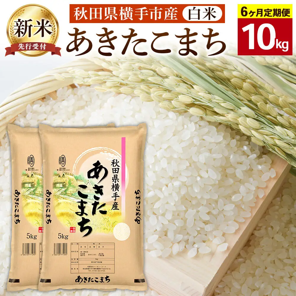 【令和8年産新米受付】【白米】《定期便6ヶ月》横手市産 あきたこまち 10kg(5kg×2袋)×6回 計60kg