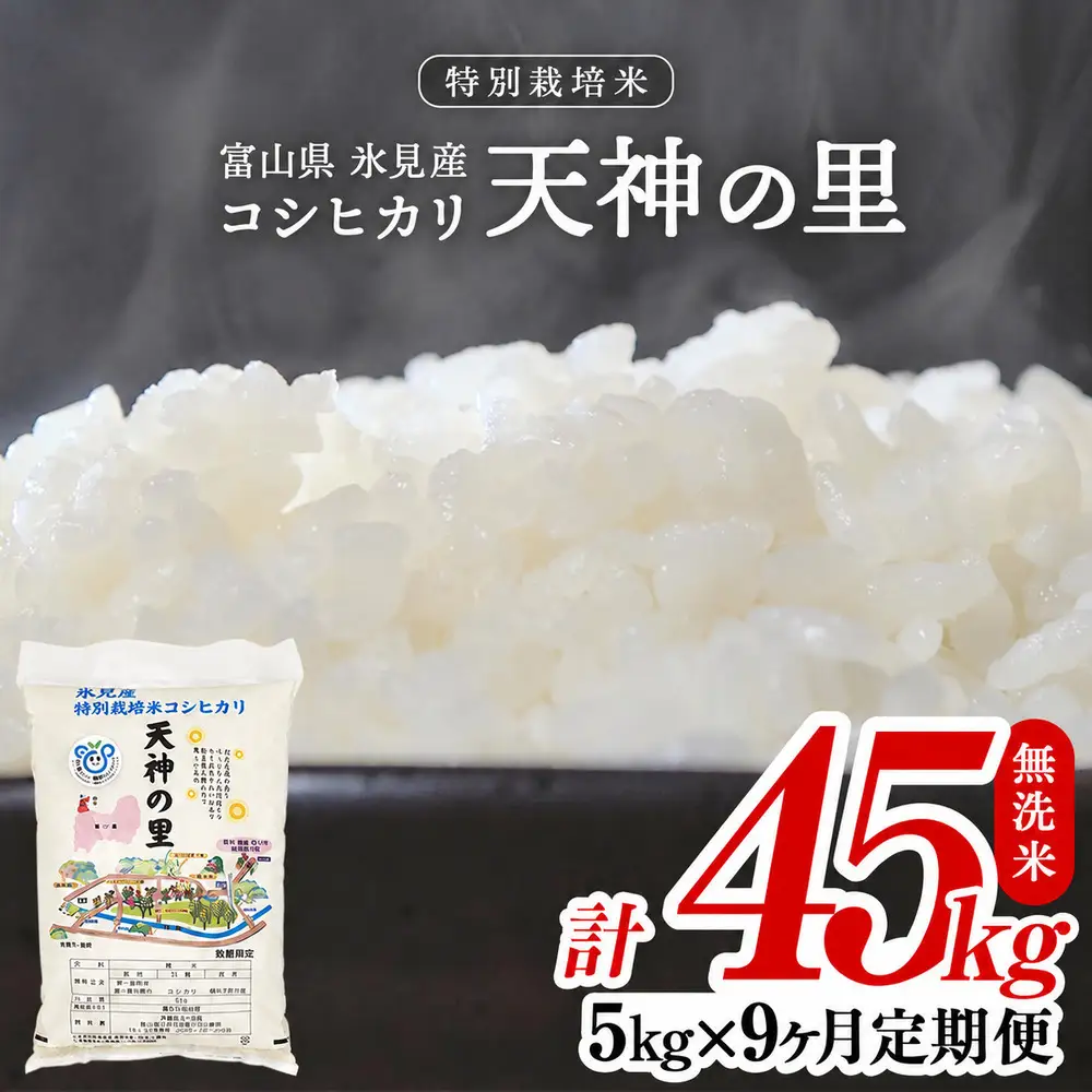 〈無洗米 9ヶ月定期便〉 令和8年産 富山県産 特別栽培米コシヒカリ 天神の里５kg 