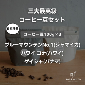 三大最高級コーヒー豆セット【パナマ ゲイシャ、ジャマイカ ブルーマウンテンNo.1、ハワイ コナ】100g×3(豆)  