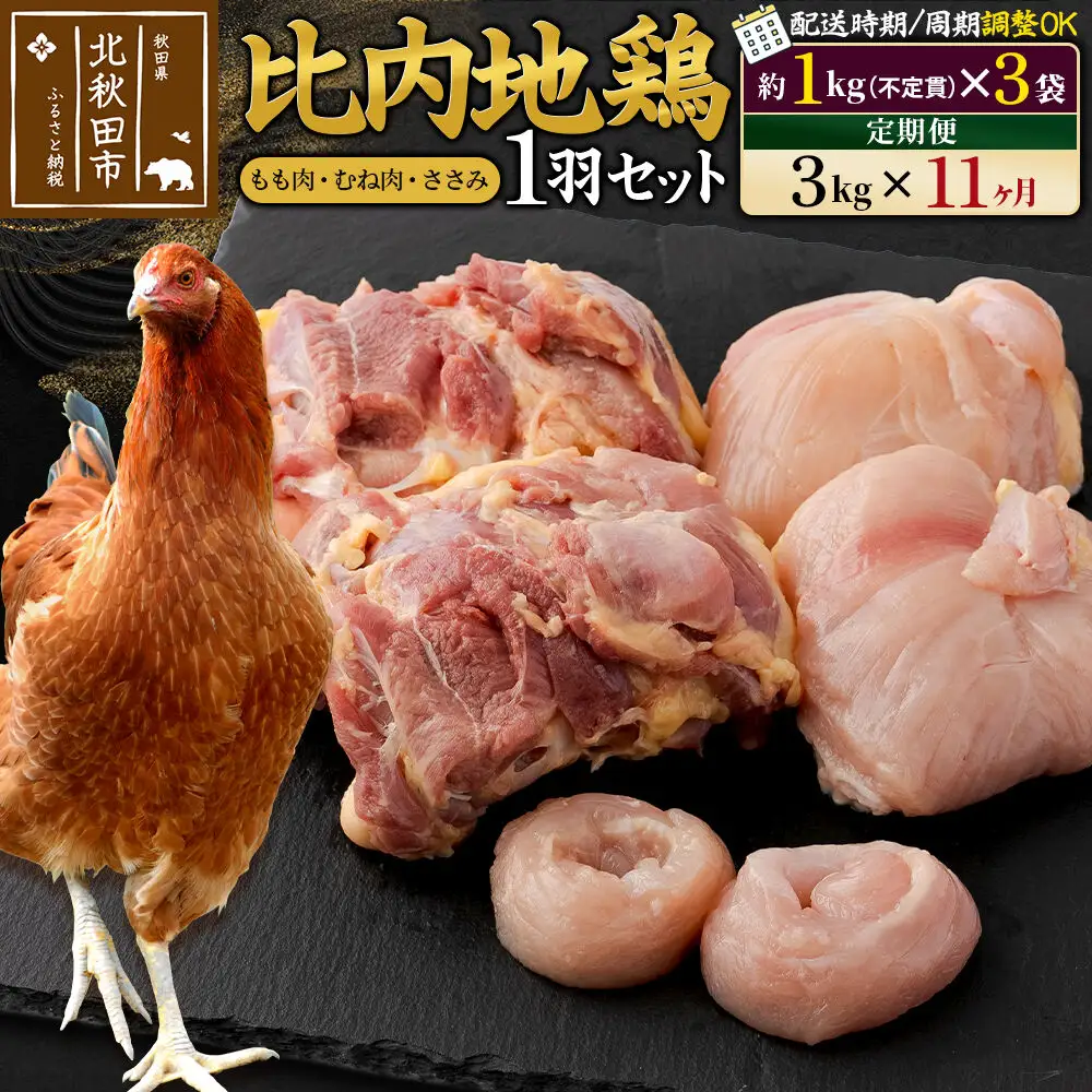 《定期便11ヶ月》 比内地鶏 1羽セット（もも肉・むね肉・ささみ）約3kg（約1kg（不定貫）×3袋）×11回 計33kg 時期選べる お届け周期調整可能 11か月 11ヵ月 11カ月 11ケ月 33キロ 国産 冷凍 正肉 鶏肉 鳥肉