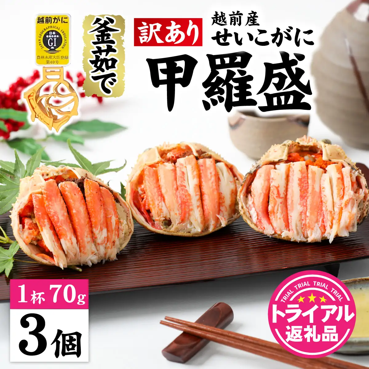 【訳あり】釜茹で　蟹好き集まれ！越前産せいこがに【甲羅盛70g前後 ３個セット】 [A-096016] 【トライアル返礼品】/ せいこがに カニ