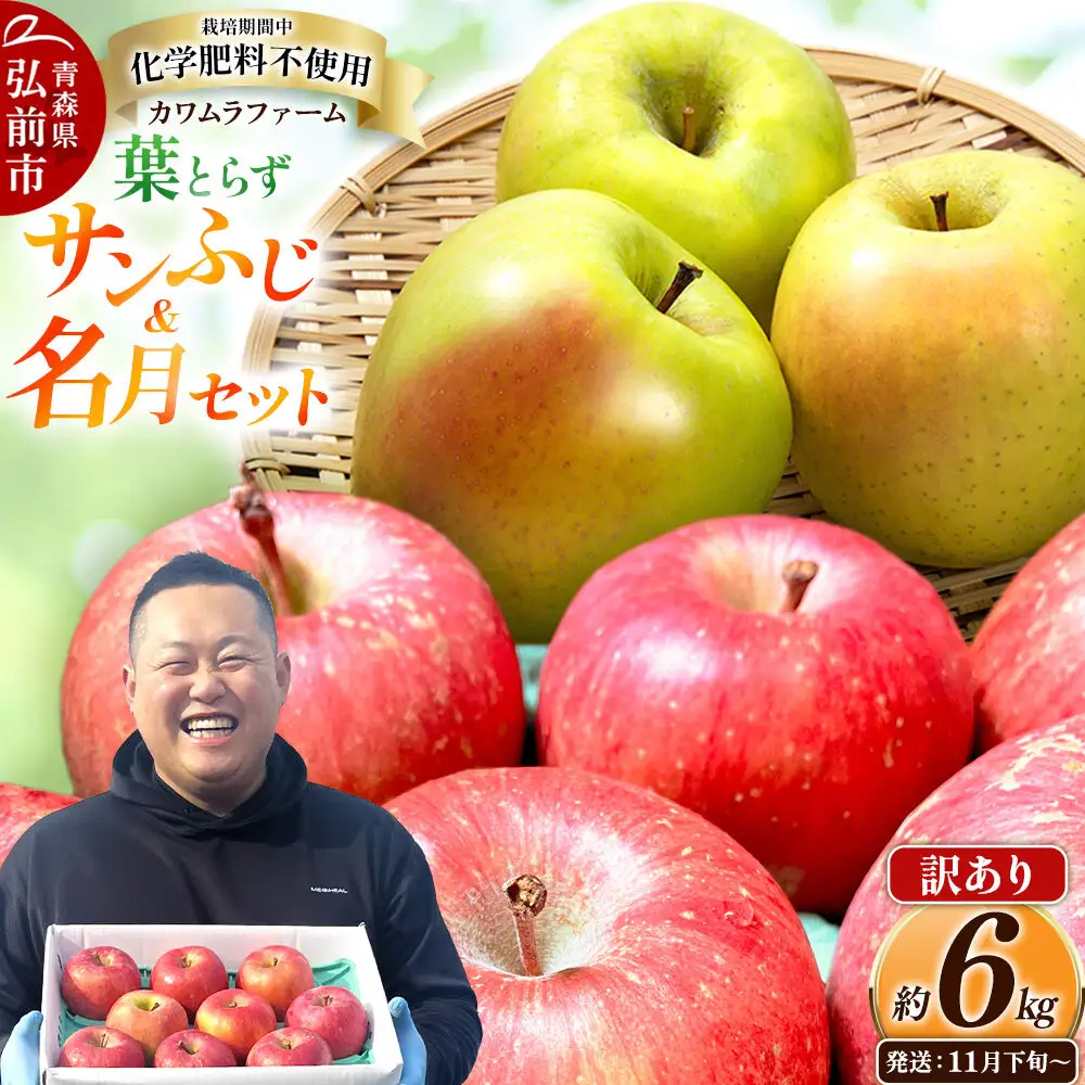 【26年11月下旬～発送】りんご 葉とらず サンふじ＆名月 セット【訳あり】約6kg【先行受付】カワムラファーム 青森県 弘前市 果物 フルーツ 林檎 リンゴ くだもの 不揃い 規格外