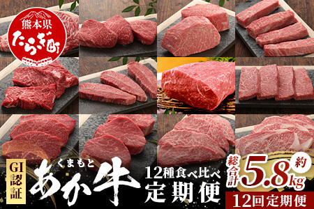 【定期便 12回】≪GI認証≫くまもと あか牛 12種 食べ比べ【ご褒美 定期便】ステーキ シャトーブリアン サーロイン ランプ ミスジ リブ ロース 12回配送 ステーキ 和牛 あか牛 牛肉 赤身 肉 和牛 046-0677