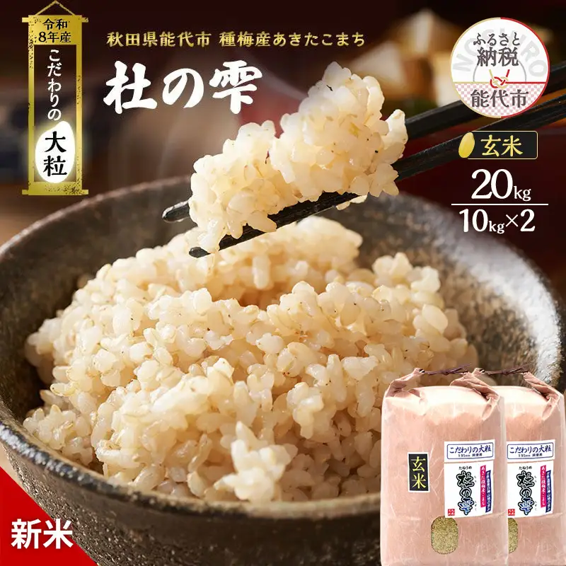 【先行予約】令和8年産 玄米 大粒 あきたこまち 秋田県産 杜の雫 玄米【20kg(10kg×2)】