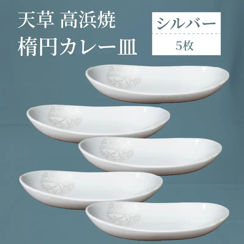S026-057_天草 高浜焼 楕円カレー皿 5枚セット（シルバー）