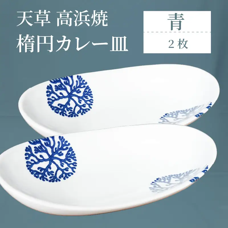 S026-064_天草 高浜焼 楕円カレー皿 ２枚（青）