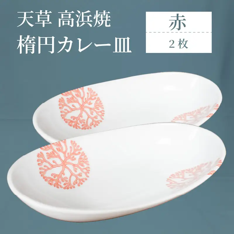 S026-065_天草 高浜焼 楕円カレー皿 ２枚（赤）