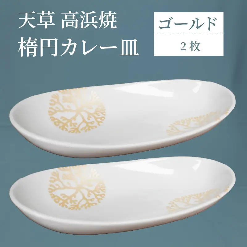 S026-068_天草 高浜焼 楕円カレー皿 2枚（ゴールド）