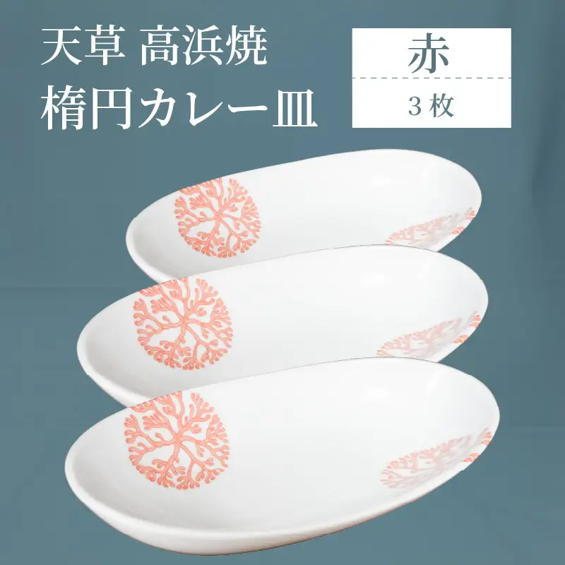 S026-070_天草 高浜焼 楕円カレー皿 3枚（赤）