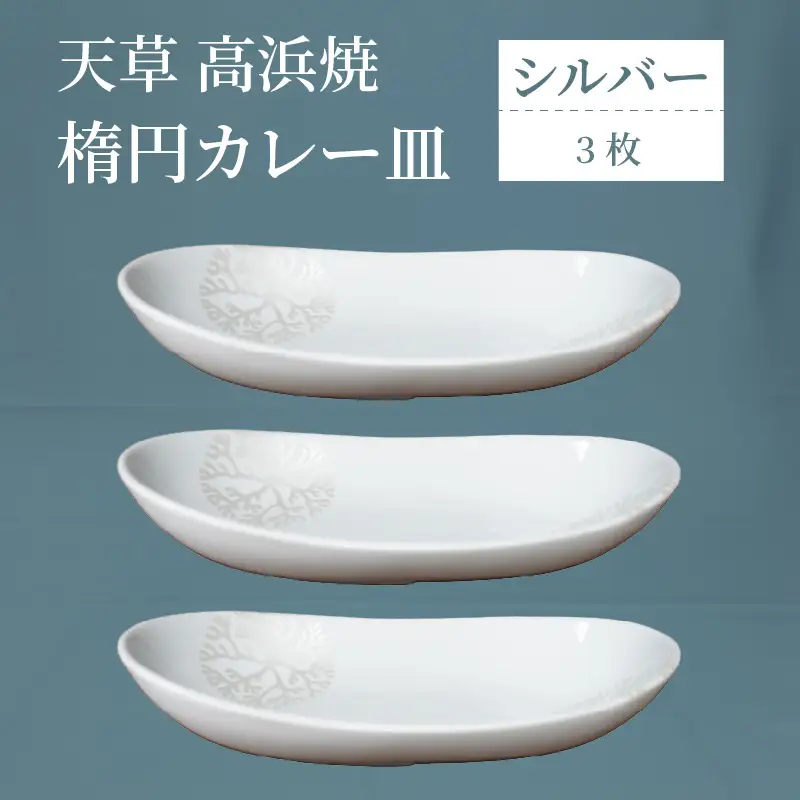 S026-159_天草 高浜焼 楕円カレー皿 ３枚（シルバー）