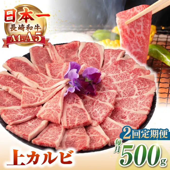 【全2回定期便】【A4～A5ランク】長崎和牛 焼肉用 上カルビ 500g《壱岐市》【野中精肉店】 牛 牛肉 和牛 赤身 焼肉 焼肉用 カルビ BBQ バーベキュー ギフト 贈答用 冷凍配送 A4 A5 [JGC035]