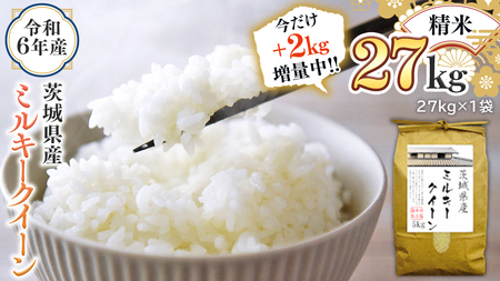 【2kg増量中】 令和6年産 茨城県産 精米 ミルキークイーン 27kg （27kg×1袋） 通常25kgのところ2kg増量中！ 白米 米 コメ こめ 単一米 限定 茨城県産 国産 美味しい お米 おこめ おコメ