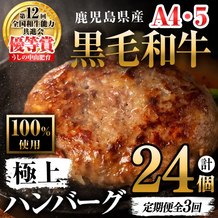 【定期便全3回】＜A4・A5等級＞鹿児島県産 黒毛和牛100%使用 極上ハンバーグ(150g×8個・全3回) 黒毛和牛 和牛 ハンバーグ 冷凍ハンバーグ 肉 牛肉 国産 九州産 鹿児島県産 ミンチ 100% 小分け A4 A5 ランキング  定期便 頒布会 t0048-006