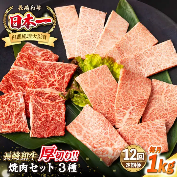 【全12回定期便】【A4～A5ランク】長崎和牛 焼肉セット 1kg (モモ400g・肩ロース200g・カルビ400g)《壱岐市》【シュシュ】 牛 牛肉 和牛 国産 長崎和牛 焼肉 焼き肉 焼肉用 モモ ロース カルビ 冷凍配送 小分け [JGE075]