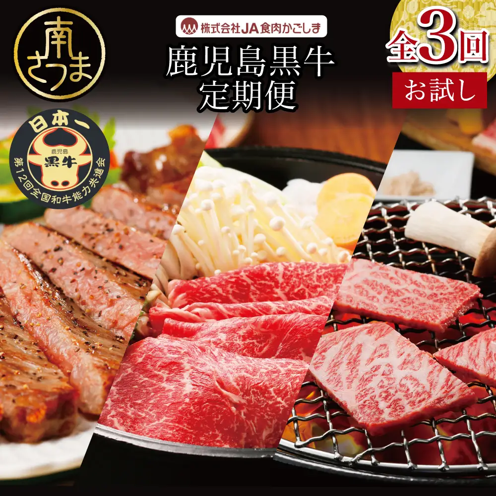【JA食肉かごしま】鹿児島黒牛お試し定期便（全3回） 和牛日本一の「鹿児島黒牛」 お肉 ステーキ すき焼き しゃぶしゃぶ 国産 黒毛和牛 和牛 牛肉 冷凍 定期便 JA食肉かごしま 南さつま市
