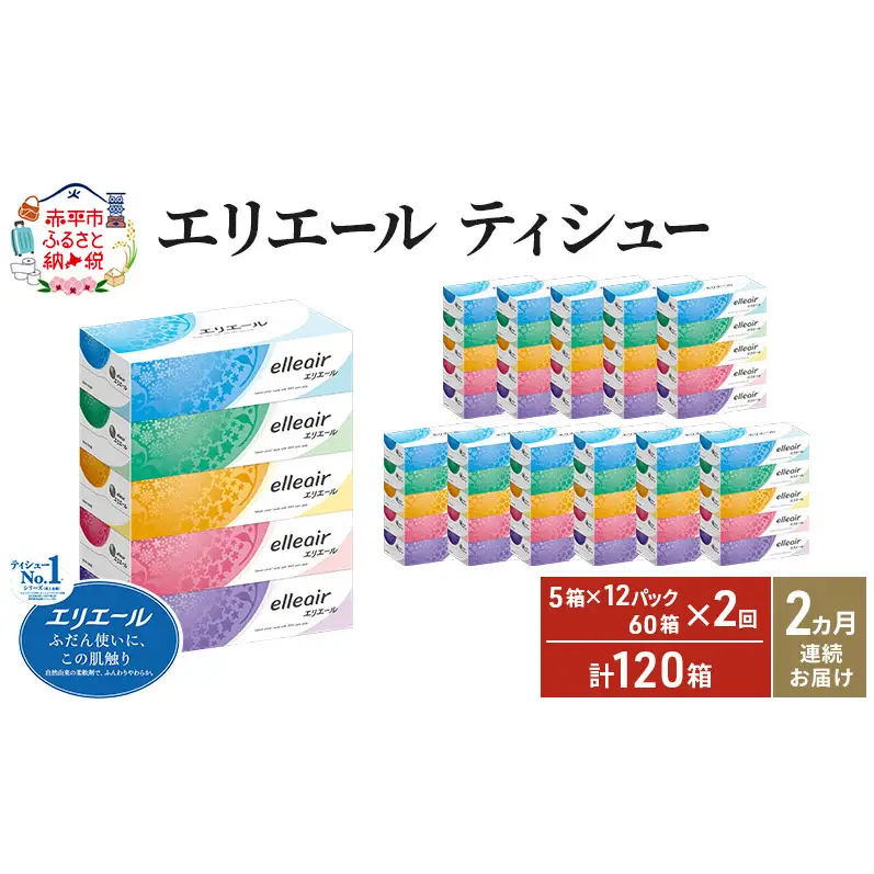 【2ヵ月連続お届け・計120箱】エリエール ティシュー 180組5箱 12パック ティッシュペーパー 箱ティッシュ ボックスティッシュ 紙 まとめ買い 防災 常備品 備蓄品 消耗品 日用品 生活必需品 送料無料 赤平市