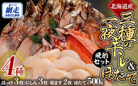 3種の一夜干し＆ほたて オホーツク晩酌セット 【 ふるさと納税 人気 おすすめ ランキング ほっけ ホッケ にしん 鰊 サクラマス 桜マス 干物 一夜干し ホタテ 帆立 ほたて ほたて貝柱 貝柱 ホタテ刺身 北海道産 お手軽 簡単 冷凍 絶品 オホーツク 北海道 網走市 送料無料 】 ABE093