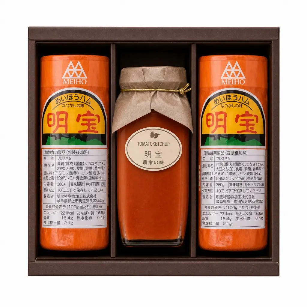 明宝ハム2本と明宝トマトケチャップ1本入