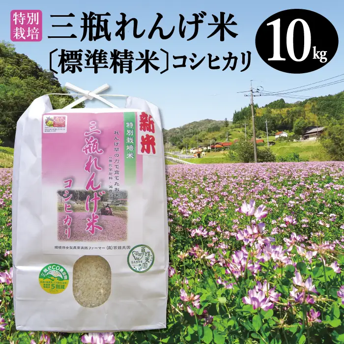 〈標準精米〉特別栽培 三瓶れんげ米 コシヒカリ 10kg【お米 10kg 令和6年産 先行予約 こしひかり 標準精米 2024年産 おこめ 特別栽培米 エコロジー米 無化学窒素肥料 減農薬米】