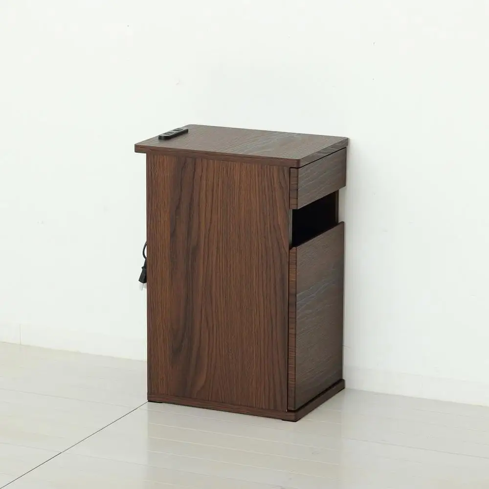 【ブラウン】完成品 コンセント付ダストボックス ゴミ箱 ごみ箱 ダストBOX ペール付き 隠す コンセントボックス スマホ置き サイドテーブル コンセント付ダストボックス AKU102327503