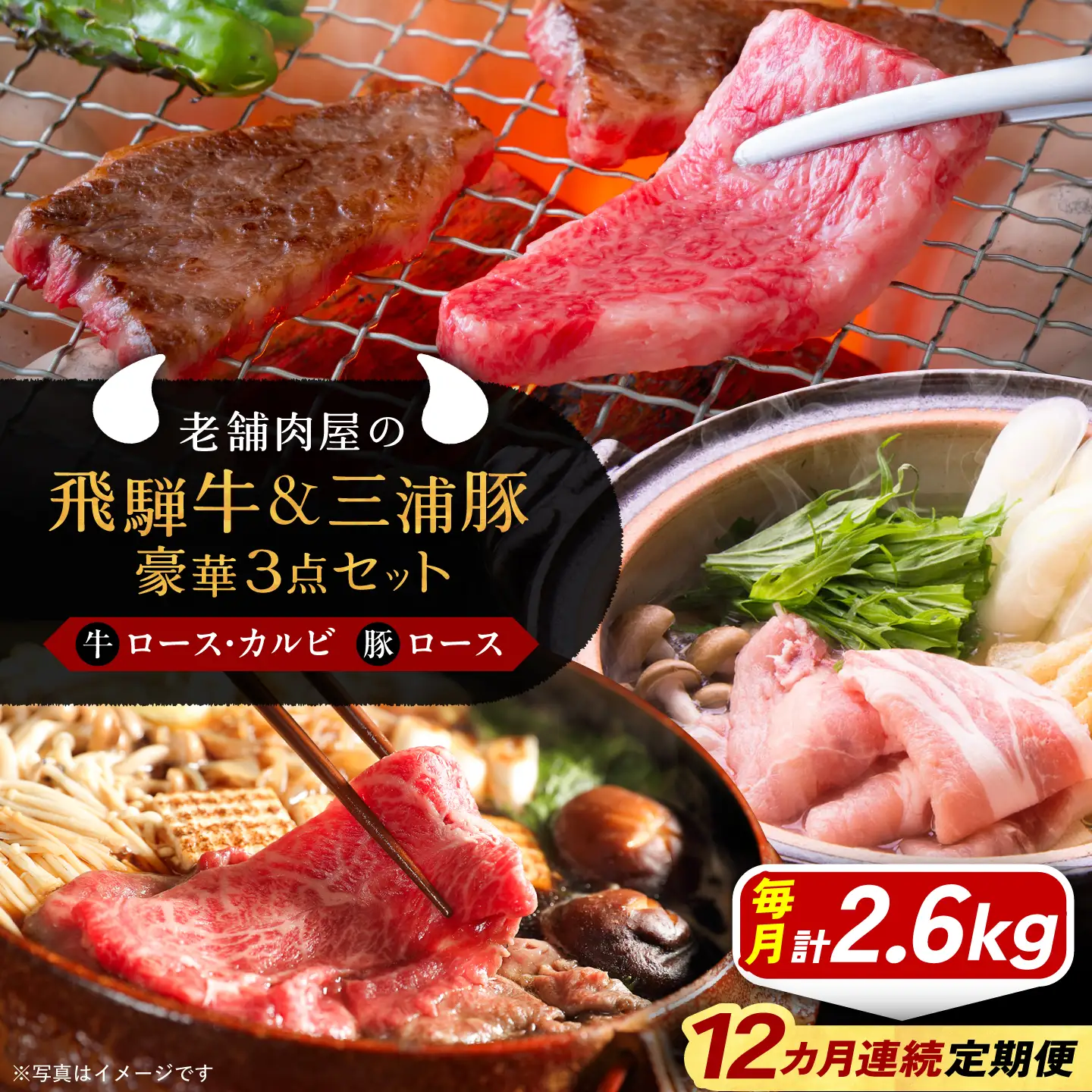 【12回定期便】 飛騨牛ロース1kg カルビ700g 三浦豚ロース900g 豪華3点セット 各種類1パック しゃぶしゃぶ・焼肉 / 恵那市 / 岩島屋 [AUAJ032]