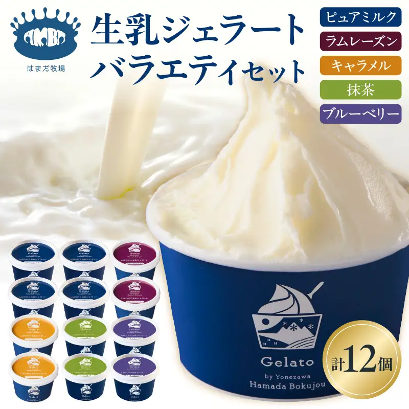 生乳ジェラートバラエティセット　12個　ミルク ラムレーズン キャラメル 抹茶 ブルーベリー