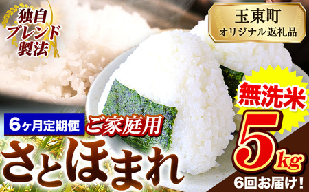 【6ヶ月定期便】熊本県産 さとほまれ 無洗米 ご家庭用 定期便 5kg 《お申込み翌月から出荷》熊本県 玉名郡 玉東町 米 こめ コメ ブレンド米 送料無料｜人気米 熊本県産米 お米 生活応援米