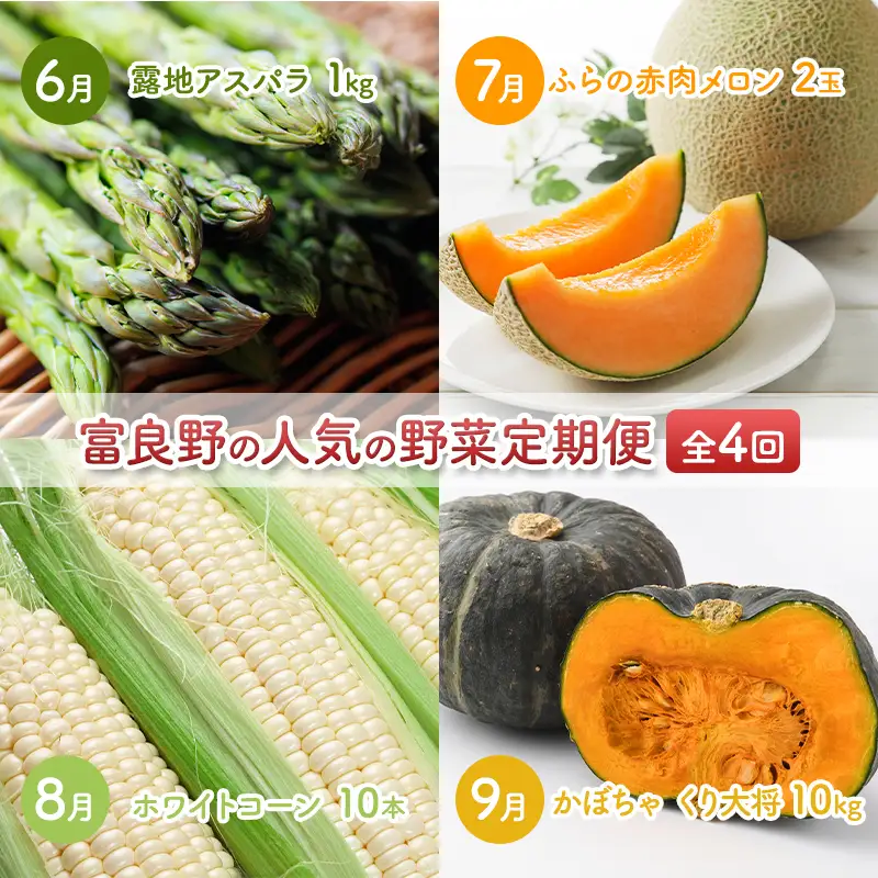詰合せ 富良野産 アスパラ とうもろこし メロン かぼちゃ【全4回】【定期便】