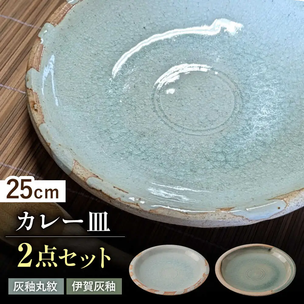 【瀬戸焼】　灰釉25cm カレー皿 ペア (灰釉丸紋・伊賀灰釉)【山長陶苑】 / 焼き物 カレー パスタ 平皿 皿 [BBBH015]