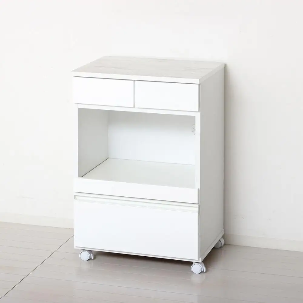 コンパクトレンジワゴン キッチンワゴン 約幅55×奥行40×高さ82cm ホワイト スライドトレー付き 引き出し付き コンセント付き キャスター付き 大理石調メラミンシート天板 AKU104405002