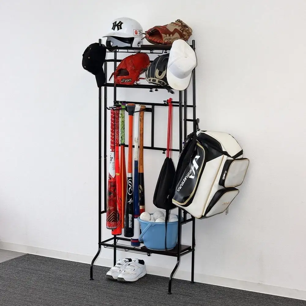 スポーツ用品ラック 約幅40から60×奥行30×高さ151.5cm ブラック ヘルメット収納 男の子 女の子 玄関収納 野球 テニス サッカー AKU104405301