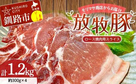 北海道釧路市産チョコレートポーク【放牧豚】モリマサ商店放牧豚ロース焼き肉用スライス 計1.2kg（300g×4）