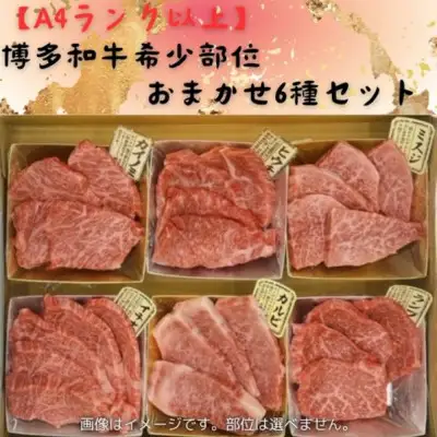 博多和牛A4ランク以上　希少部位おまかせ6種セット（70ｇ×6種）【牛肉 肉 牛 和牛 博多和牛 ブランド牛 希少 おまかせ 部位 6種 A4ランク 冷凍 おすすめ 筑前町 ふるさと納税 送料無料 FL017】【202610】