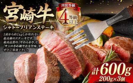 ＜≪肉質等級4等級以上≫宮崎牛シャトーブリアンステーキ（600g）＞【c1410_tu_x2】 200g×3 宮崎牛 牛肉 肉 お肉 黒毛和牛 ブランド肉 ヒレ シャトーブリアン ステーキ 希少部位 最高級 柔らかい サシ 冷凍 国産
