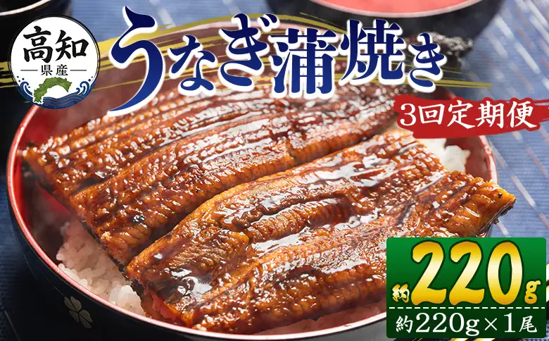 【3回定期便】高知県産うなぎ蒲焼き 約220g×１尾 養殖 魚介 国産 海鮮 魚 かばやき 鰻 ウナギ 惣菜 おかず お手軽 加工品 加工食品 冷凍 Wfb-0058