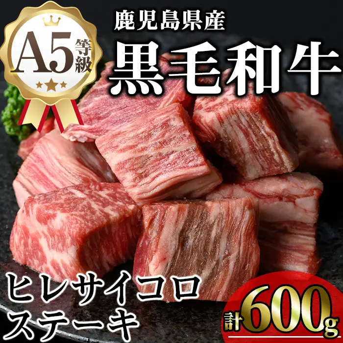 鹿児島県産 A5等級 黒毛和牛 ヒレ サイコロ ステーキ(計600g)【KNOT】 A628-v01