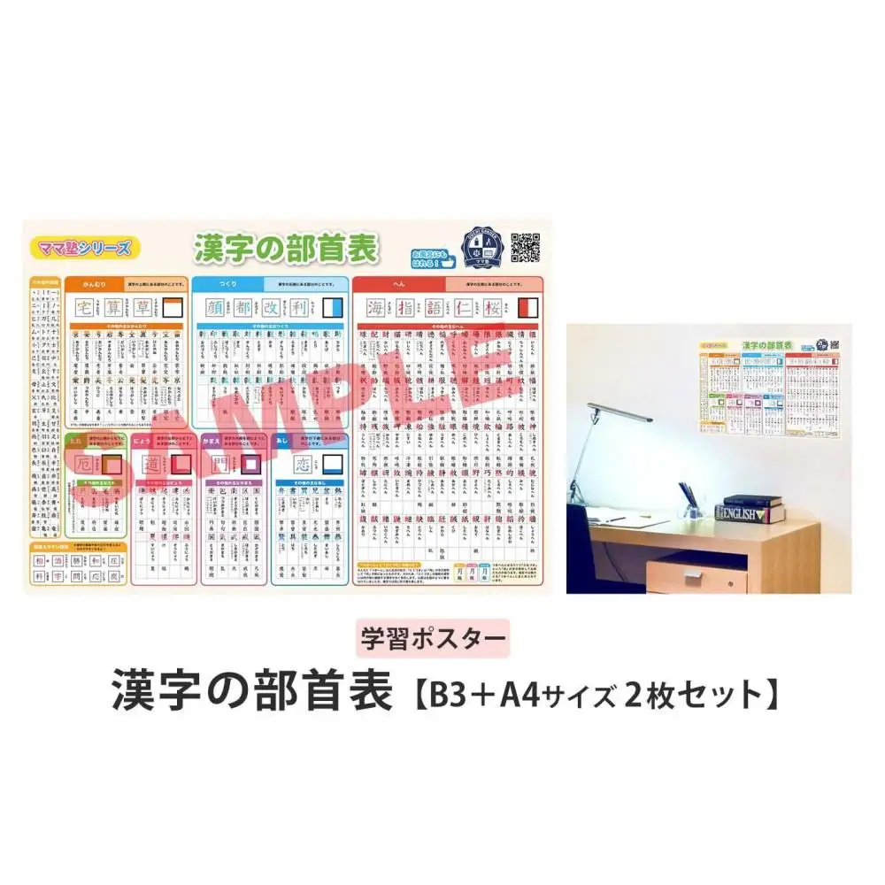 学習ポスター 部首 漢字の部首表【B3＋A4 2枚セット】お風呂にも貼れる