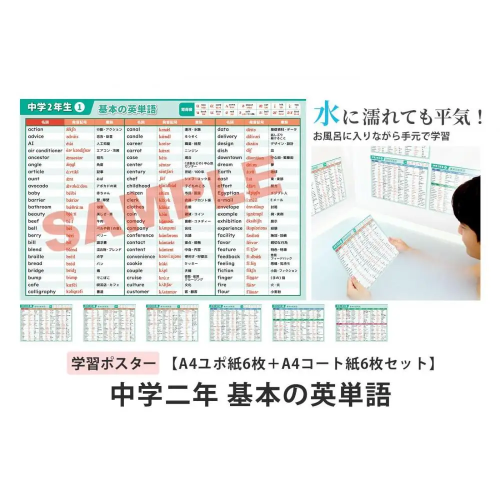 学習ポスター　英語　中学二年　基本の英単語【A4ユポ紙6枚＋A4コート紙6枚セット】