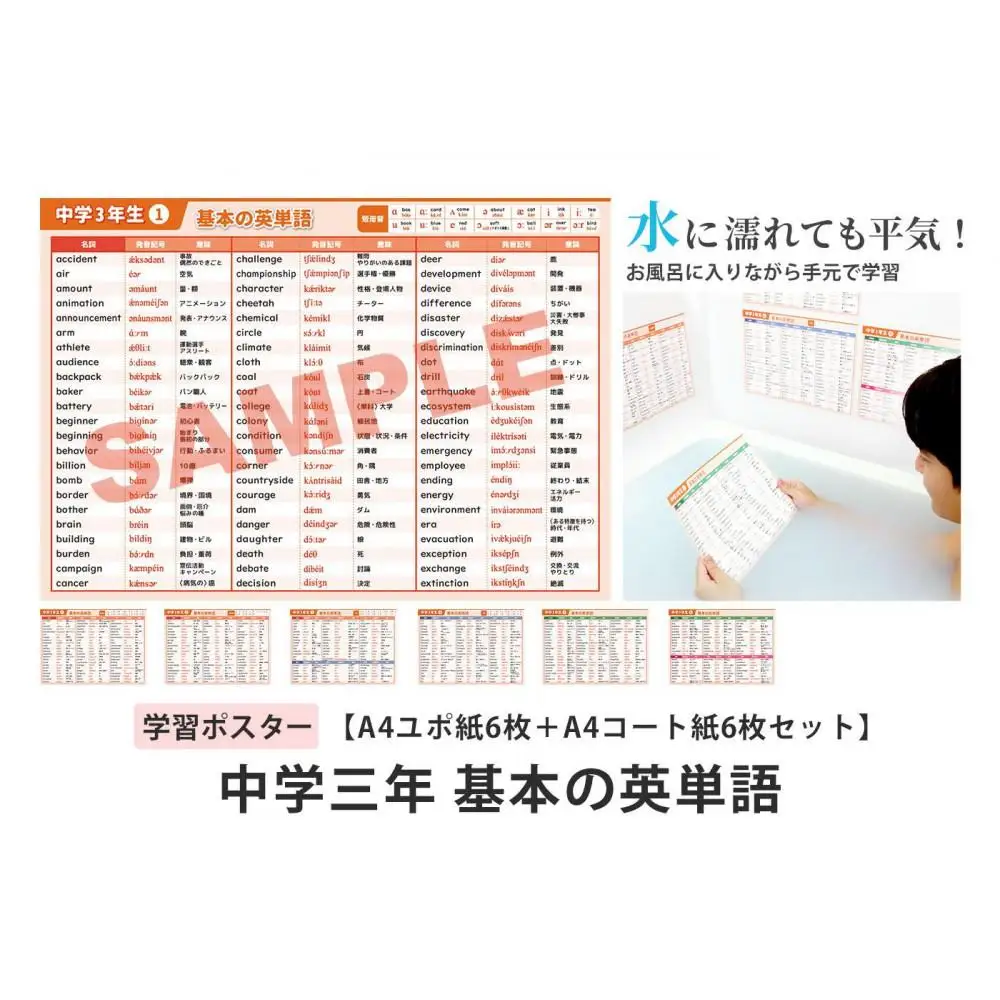 学習ポスター　英語　中学三年　基本の英単語【A4ユポ紙6枚＋A4コート紙6枚セット】